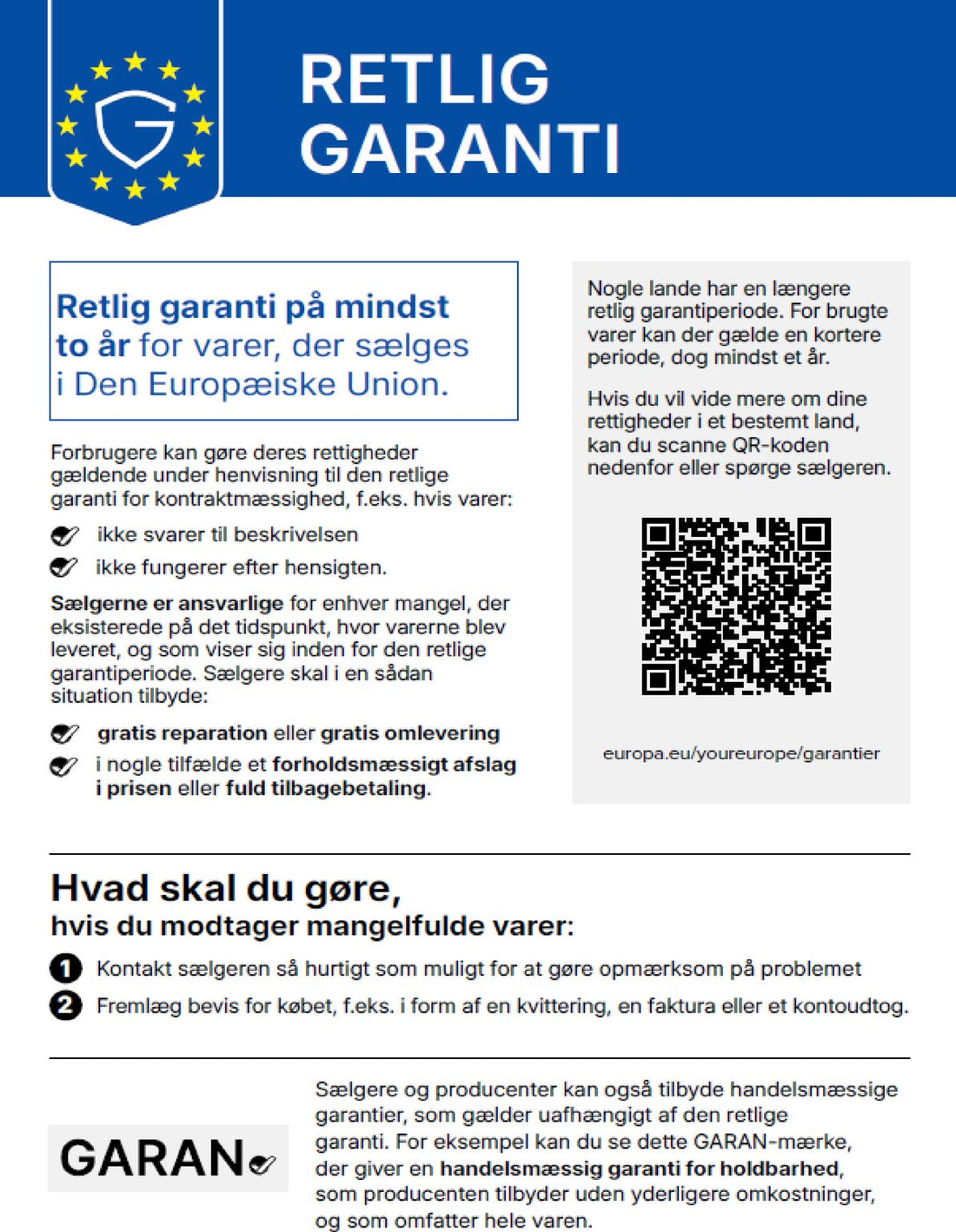 Bemærkning om den lovpligtige reklamationsret