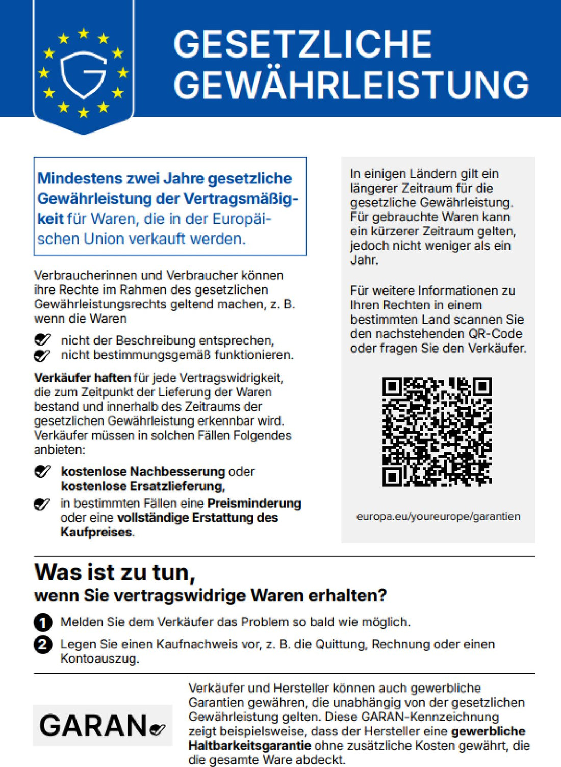 Hinweis zur gesetzlichen Gewährleistung