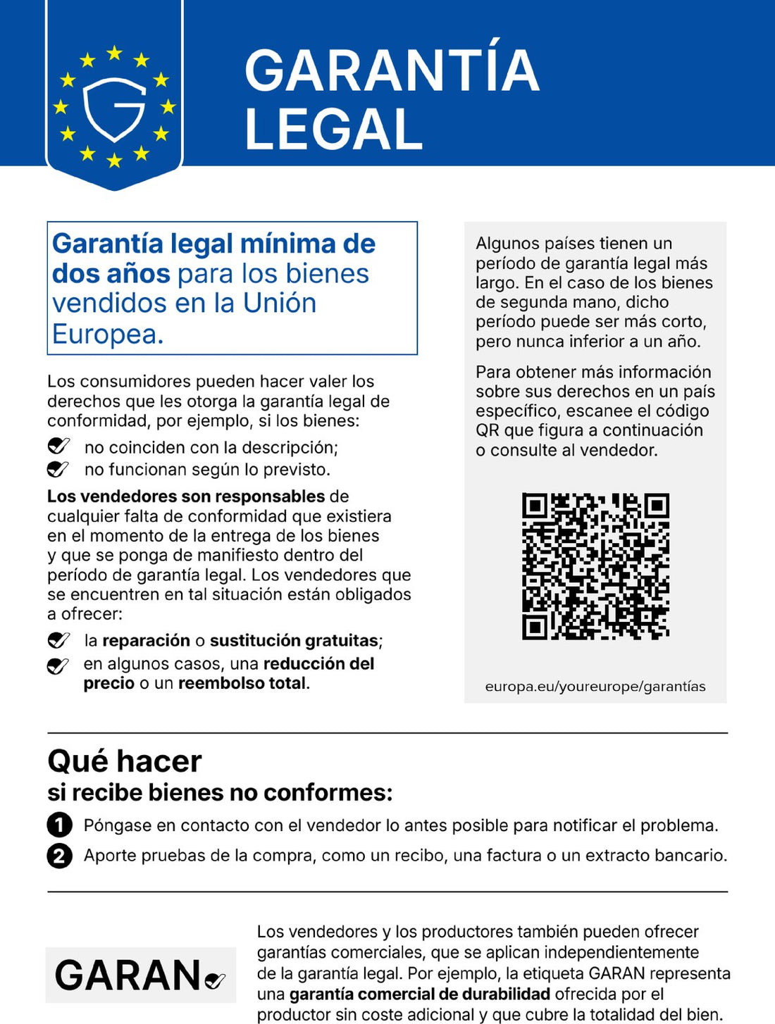 Aviso sobre la garantía legal