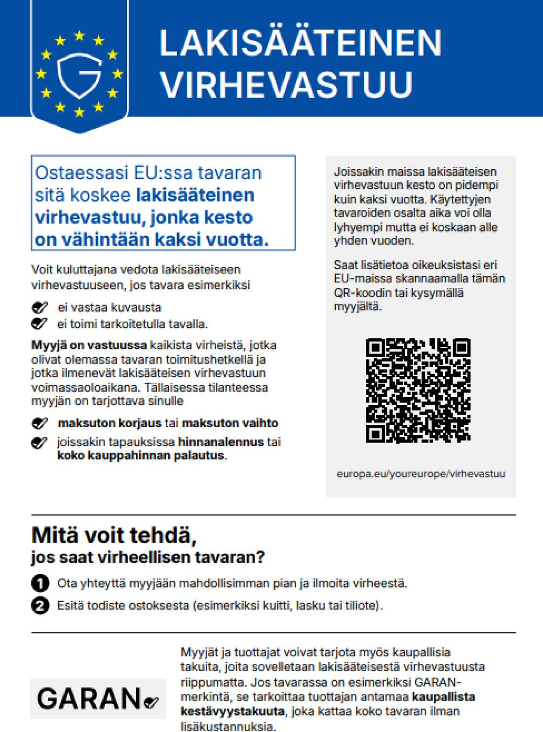 Lakisääteistä virhevastuuta koskeva huomautus