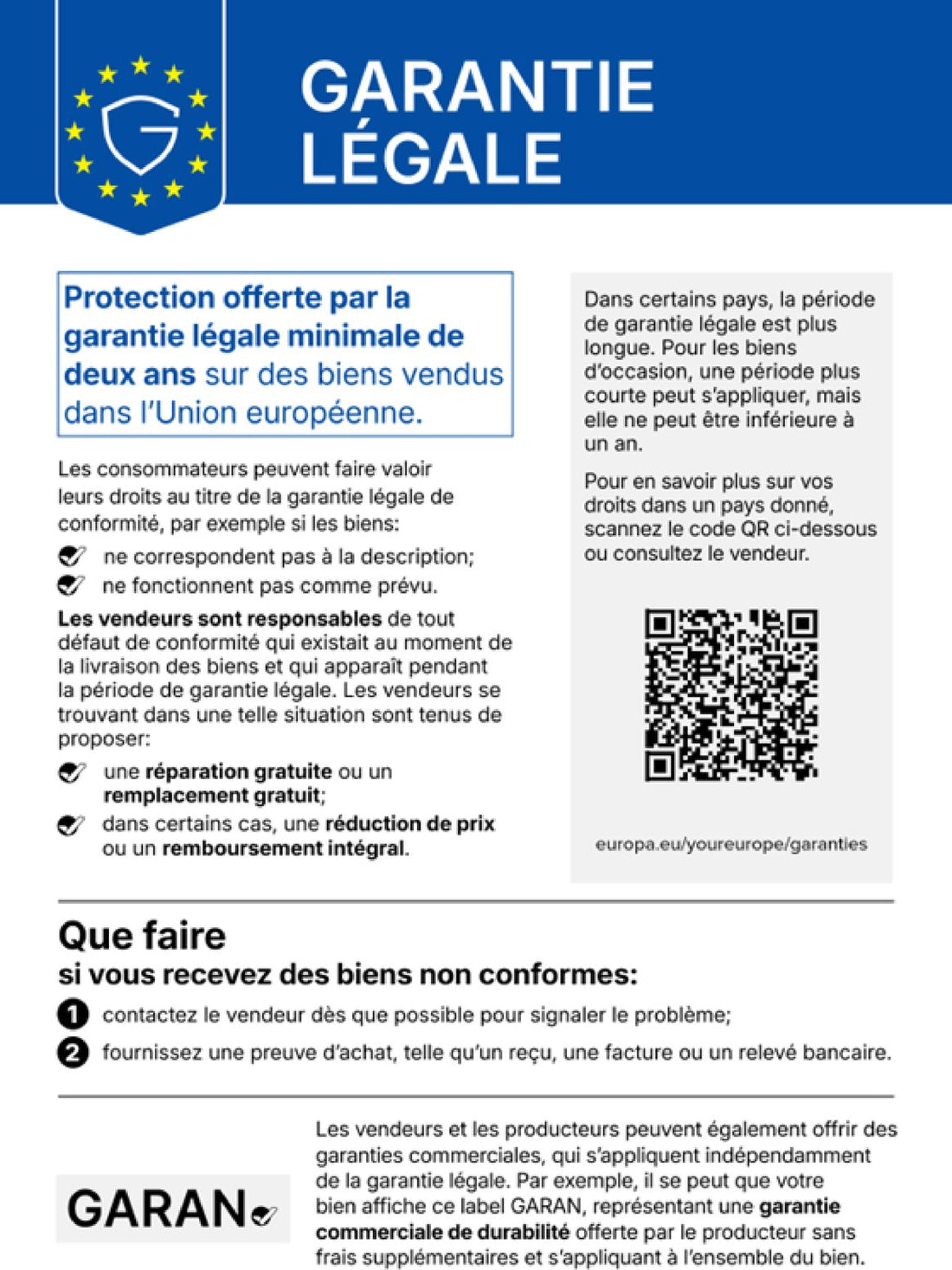 Information sur la garantie légale