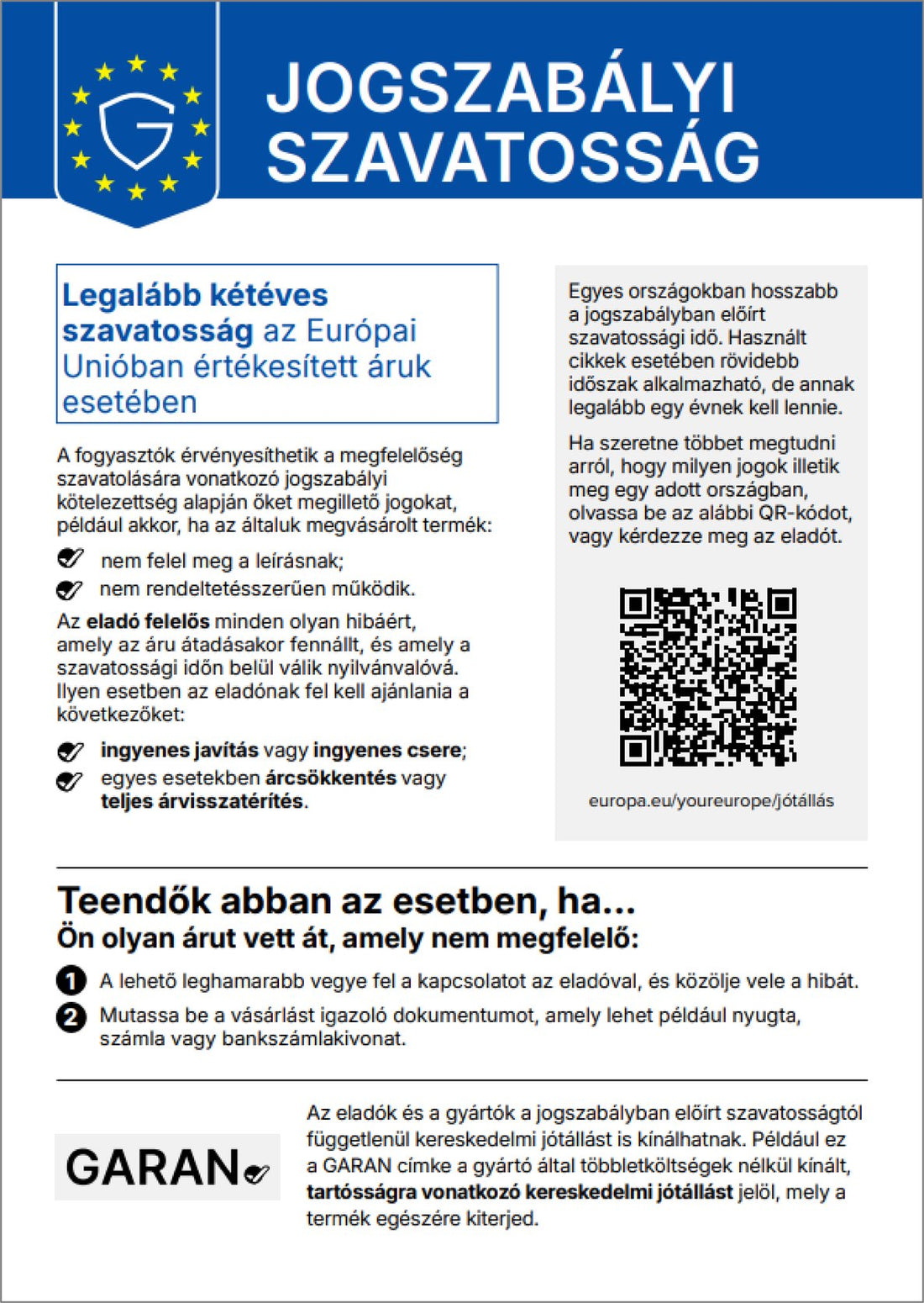 Tájékoztató a jogszabály szerinti jótállásról