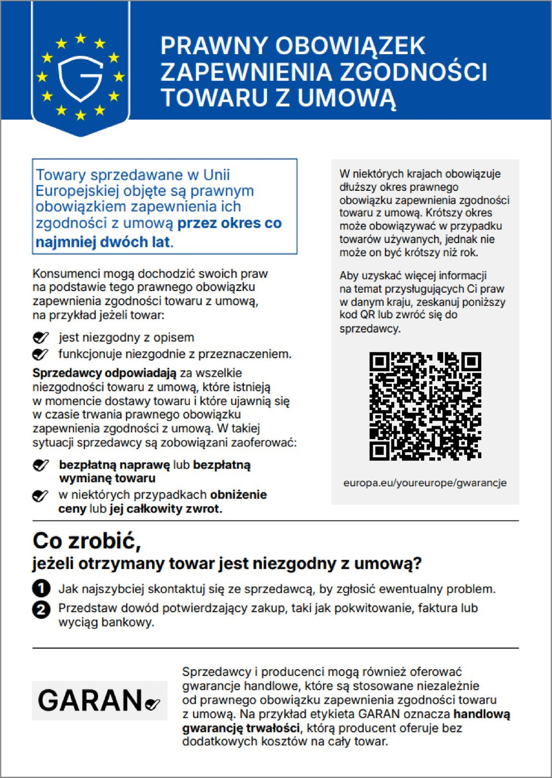 Informacja dotycząca ustawowej rękojmi