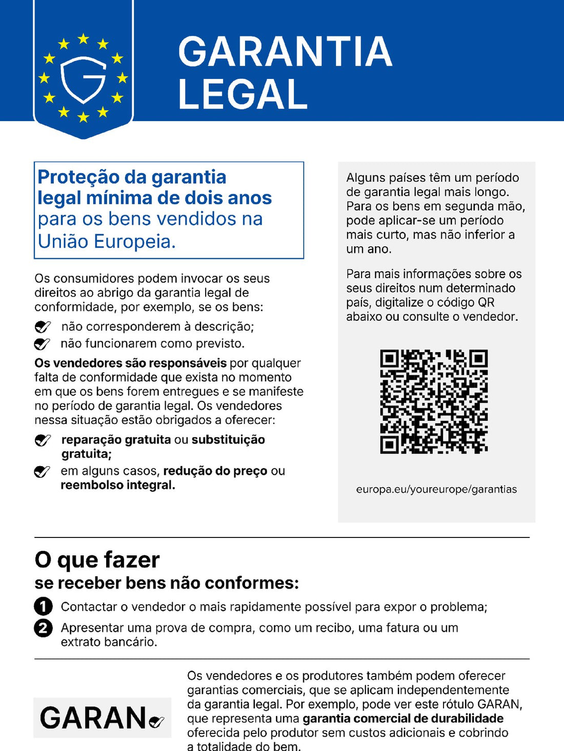 Informação sobre a garantia legal