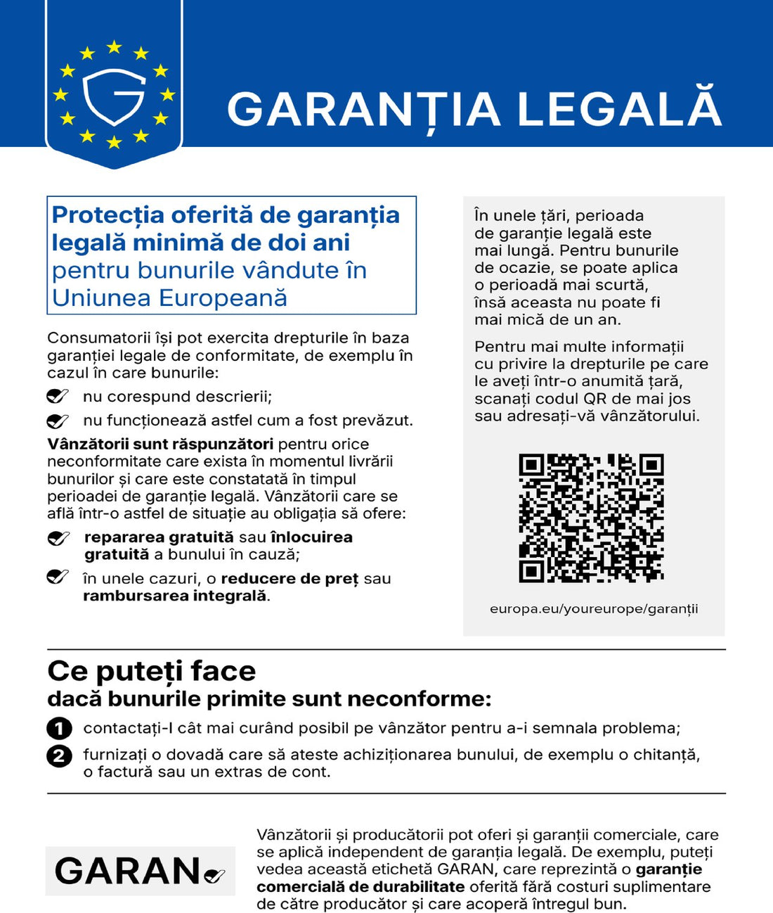 Informații privind garanția legală