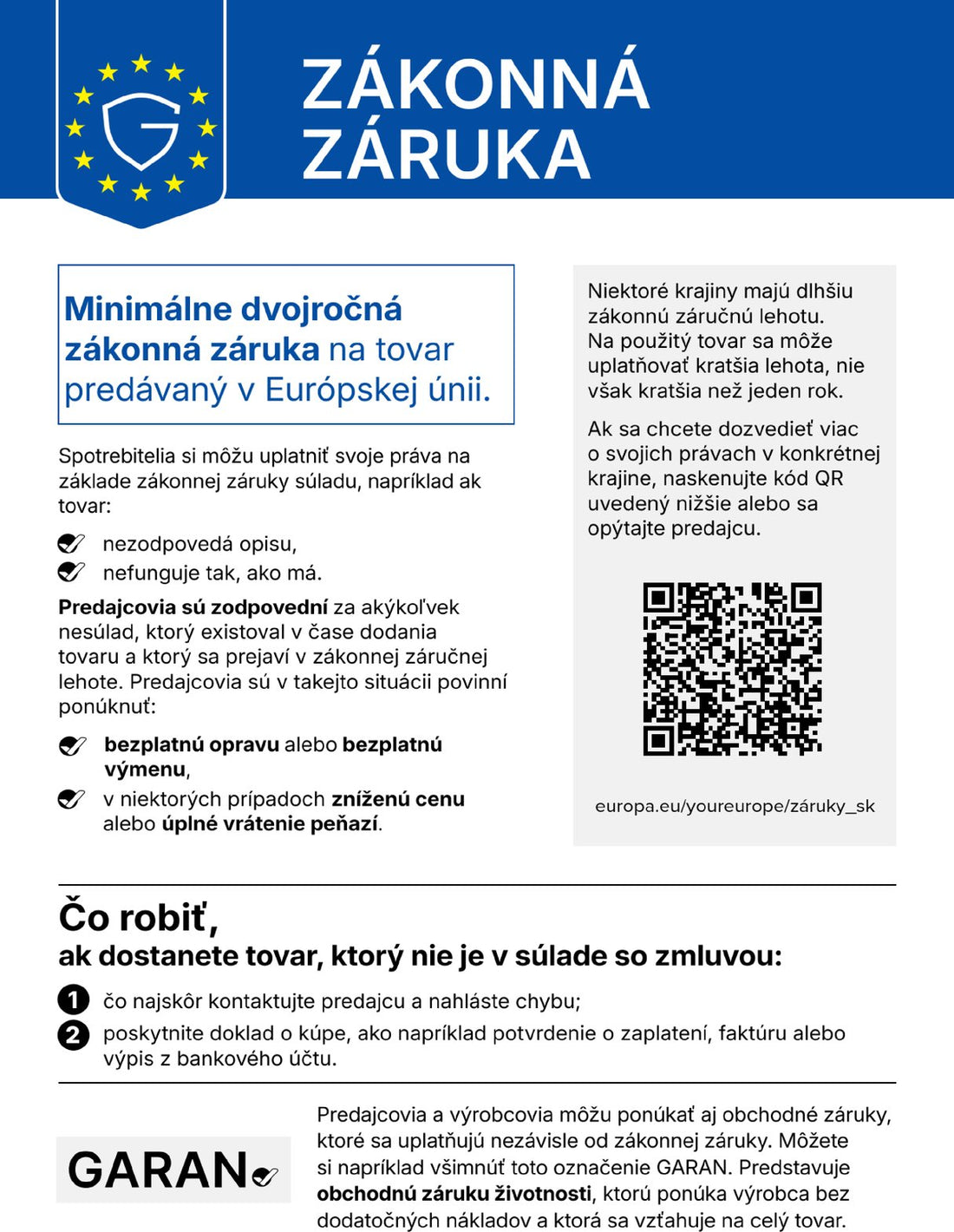 Upozornenie týkajúce sa zákonnej záruky