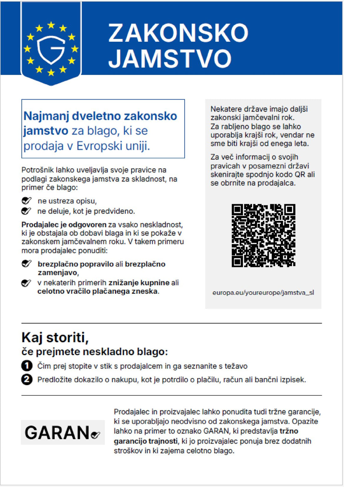 Obvestilo o zakonski garanciji