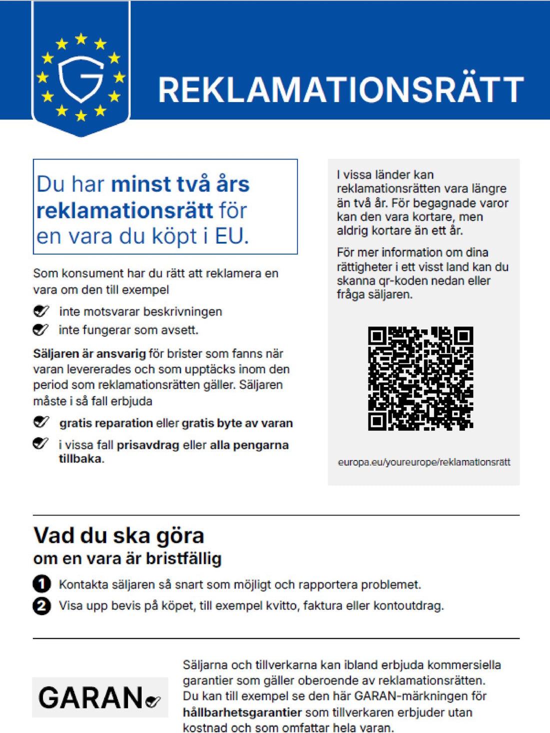 Information om lagstadgad garanti